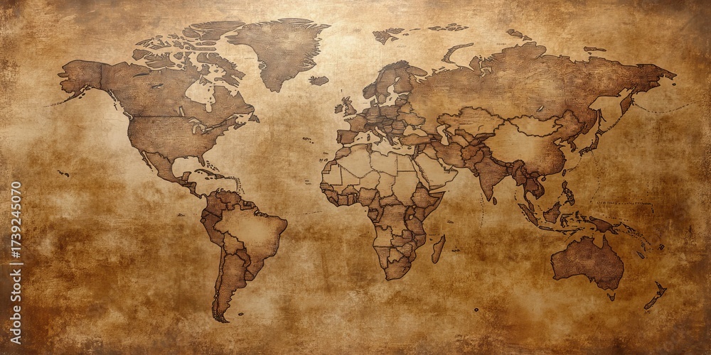 Fototapeta premium Antique World Map on Aged Parchment, Detailed Cartography of Historical Continents and Oceans.