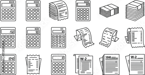 Vector art of calculator with document in line drawing