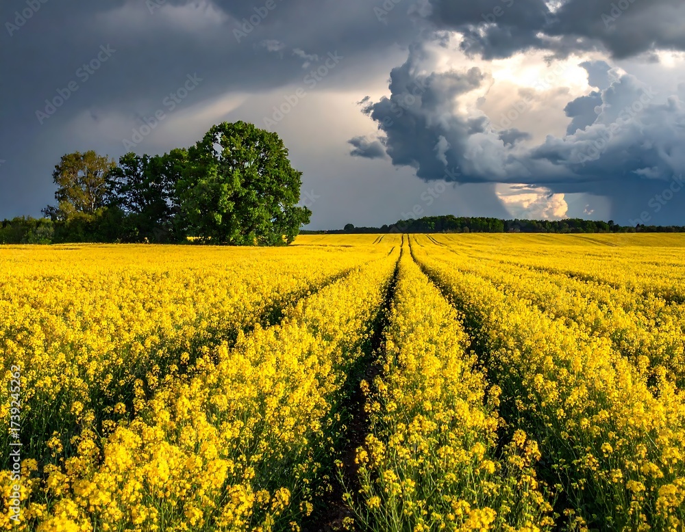 Obraz premium Vibrant yellow rapeseed field under a dramatic sky, capturing nature's beauty