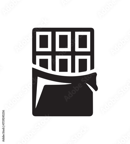 A simple black icon of a chocolate bar with its wrapper partially open, on a white background.