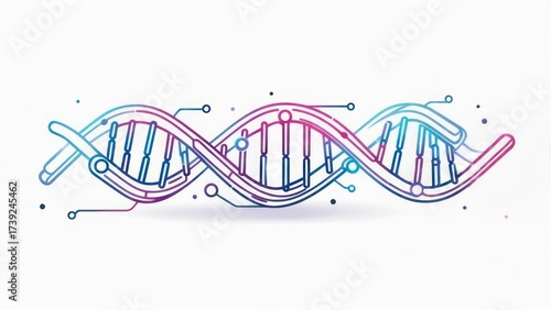 A colorful, stylized depiction of a DNA double helix with connecting lines and dots on white