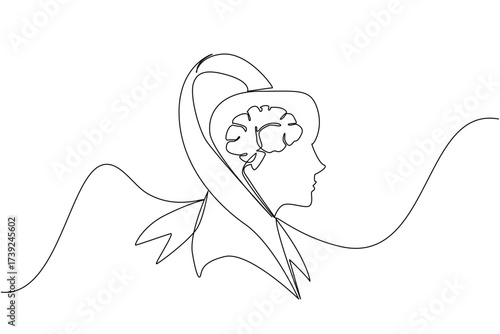 Single continuous line drawing campaign ribbon wraps around silhouette of head with brain inside head. Currently undergoing treatment. World Multiple Sclerosis Day. One line design vector illustration