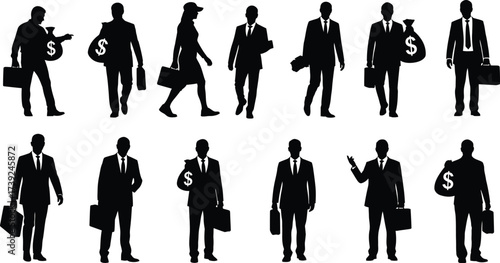 Vector art of silhouettes of business people holding money bags