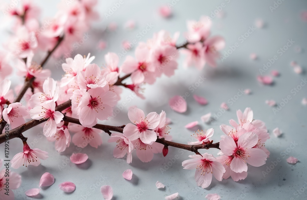 Fototapeta premium Close up of cherry blossom branch with pink flowers. Petals scatter around branch. Elegant floral arrangement represents spring bloom, romantic mood. It is suitable for greeting cards or invitations.