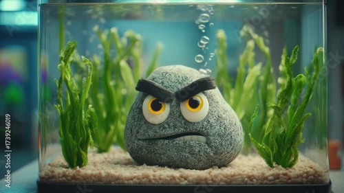 A cartoonish angry rock with eyebrows and eyes sits inside a fish tank, surrounded by green plants