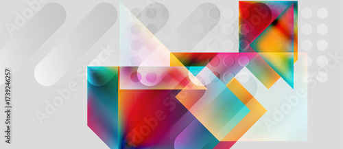 Abstract composition. Overlapping colorful shapes, translucent layers create dynamic visual effect. Modern design, bright hues dominate.