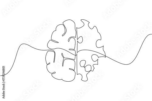 Single one line drawing brain with 2 parts, normal and perforated. A clear comparison. Brain function begins to decline. World Multiple Sclerosis Day. Continuous line design graphic illustration