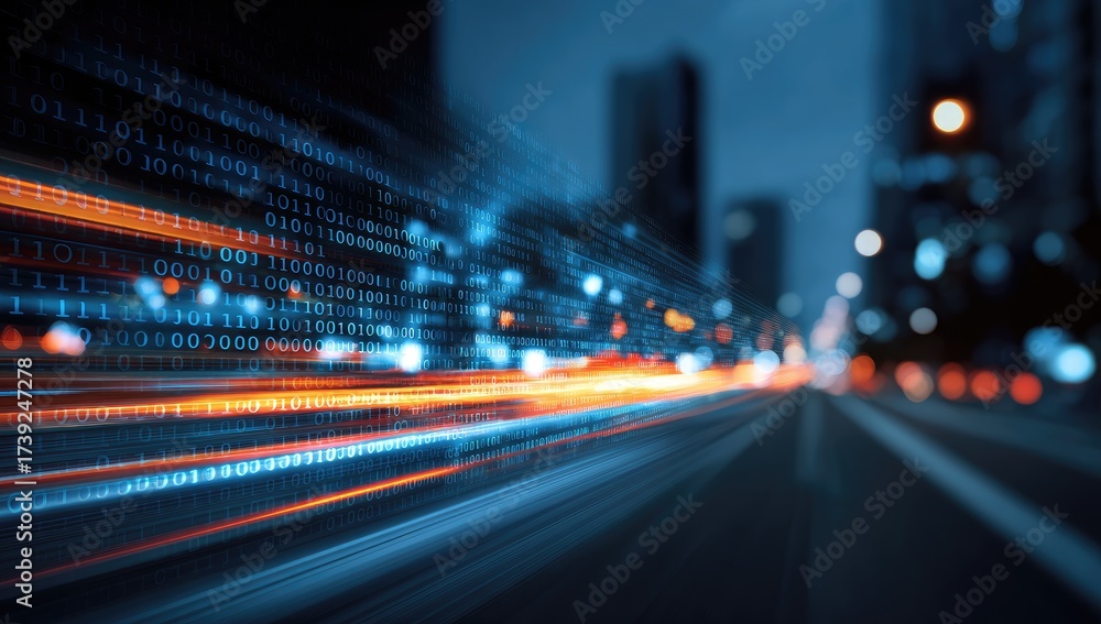 Obraz premium Abstract cityscape with motion blur, binary code overlay, and blurred lights creating a dynamic sense