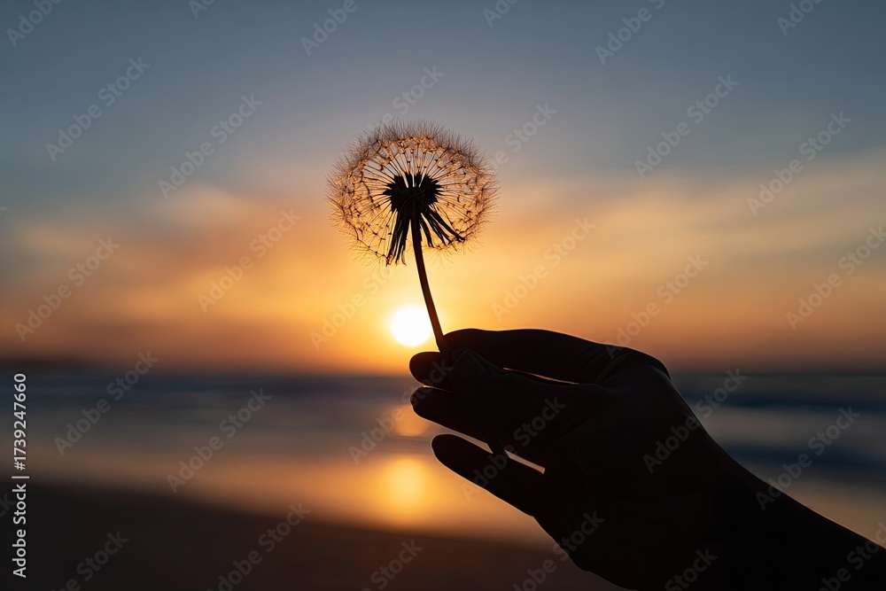 Fototapeta premium Silhouette hand holds a dandelion against a setting sun over ocean. Serene and tranquil