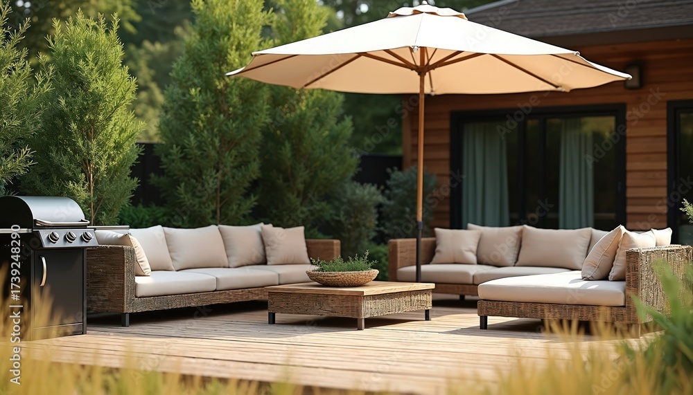 Obraz premium Modern outdoor living space with grill. Comfortable seating arrangement under patio umbrella on wooden deck. Perfect for summer relaxation. Elegant backyard furniture. Ideal for gatherings, barbecue.