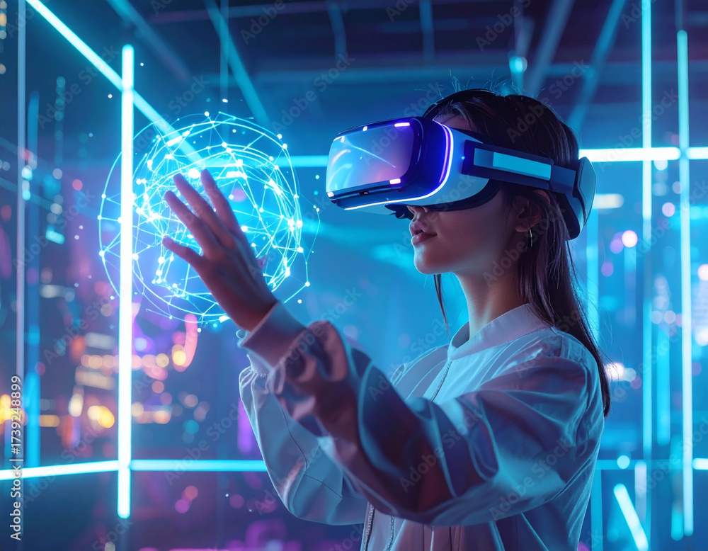 Fototapeta premium A woman in a virtual reality headset interacts with a luminous digital globe in a neon-lit futuristic environment