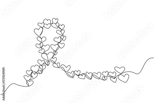 Single continuous line drawing large campaign ribbon formed from collection of small hearts of varying sizes. Caring ribbon. Symbol. World Multiple Sclerosis Day. One line design vector illustration