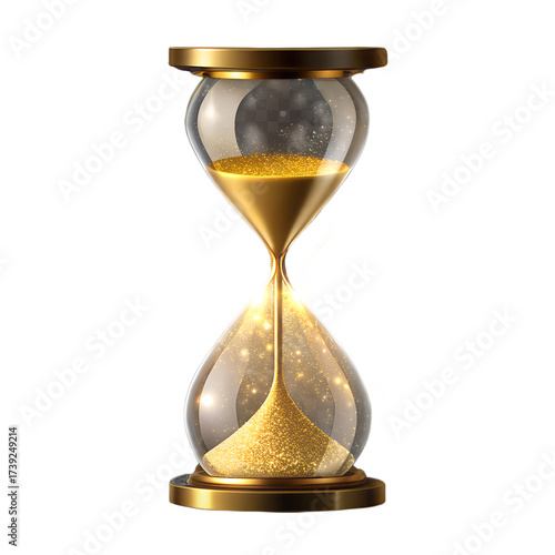 A luxurious golden hourglass with sparkling sand flowing, symbolizing the passage of time and the preciousness of moments, isolated on a transparent background