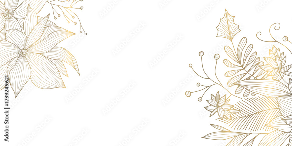 Obraz premium Elegant winter floral Christmas vector background, golden branches, holly, and patterns, modern luxury style. Cards, wedding invitations, lunar holiday greetings, corner decoration.