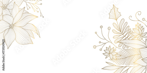 Elegant winter floral Christmas vector background, golden branches, holly, and patterns, modern luxury style. Cards, wedding invitations, lunar holiday greetings, corner decoration.