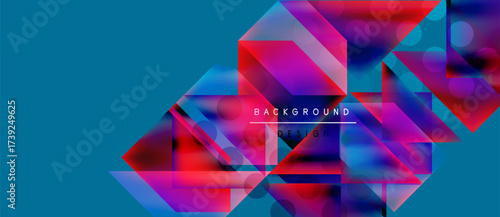Abstract geometric shapes overlap, creating vibrant colorful design. Blue background enhances visual impact. Modern aesthetic.