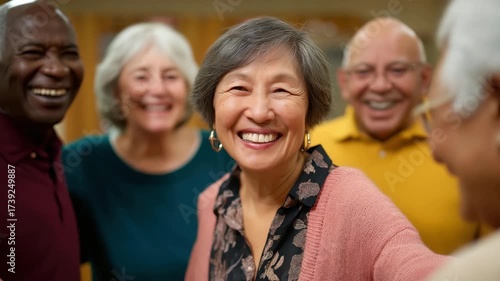 A joyful group of older adults shares laughter and smiles together, showcasing the importance of friendship and social connections in senior life and well-being.