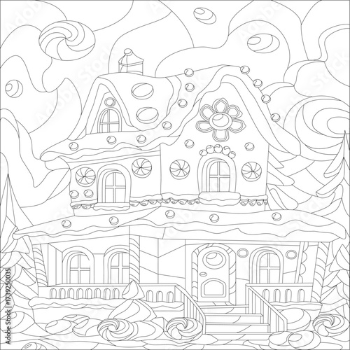 A coloring page themed around New Year and Christmas, an outline illustration of a gingerbread house and candy for New Year and Christmas, a relaxing holiday coloring page for children and adults
