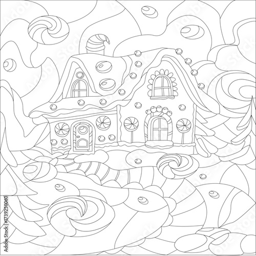 A coloring page themed around New Year and Christmas, an outline illustration of a gingerbread house and candy for New Year and Christmas, a relaxing holiday coloring page for children and adults