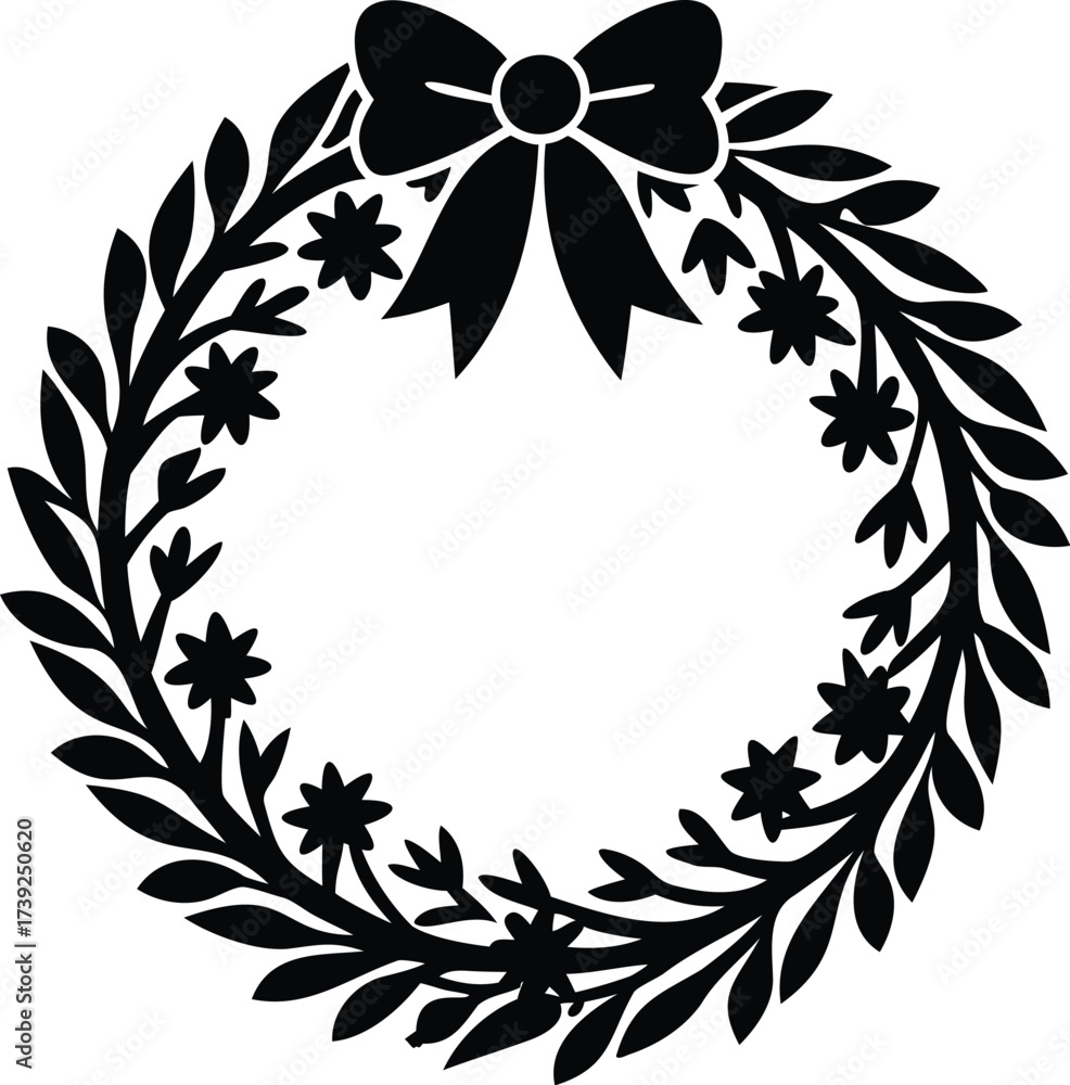 Fototapeta premium Minimal Christmas wreath silhouette with ribbon and festive details. Perfect for holiday cards, logos, decorations, and seasonal design projects. Clean single-color vector illustration.