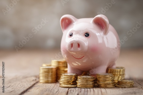Ira Bank. Baby Piggy Bank with Coins and Gold Coins for Saving and Investing in Retirement
