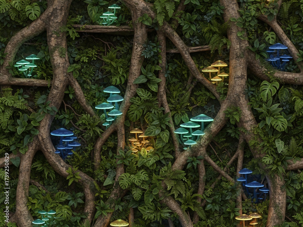 Fototapeta premium glowing mushrooms among tree roots