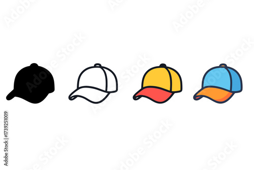 Baseball Cap Icons. Vector icon baseball cap same pose same proportions four styles black solid glyph outline minimal flat multicolor filled cartoon flat