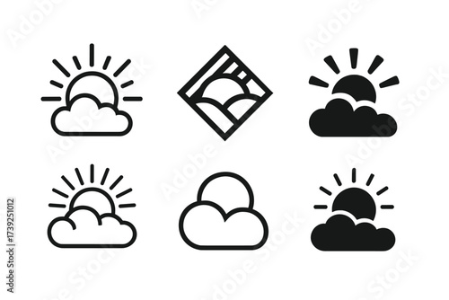 Rising Sun Logos. Floating to new heights. Set Logo of floating to new heights: rising sun. harmonious logo variations of the same emblematic concept, each