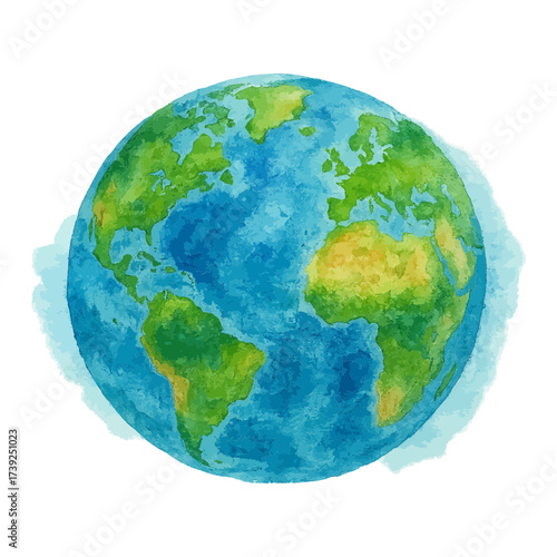 Watercolor illustration of Earth with continents and oceans, symbolizing nature, environment, and global unity.