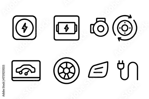 Electric Car Parts Icons. Outline icon set of electric car parts: charging port, battery pack, electric motor, regenerative braking, dashboard display, wheels,