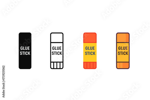 Glue Stick Icons. Vector icon glue stick same pose same proportions four styles black solid glyph outline minimal flat multicolor filled cartoon flat shaded.