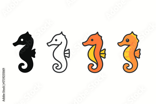 Seahorse Icon Styles. Vector icon seahorse same pose same proportions four styles black solid glyph outline minimal flat multicolor filled cartoon flat shaded.