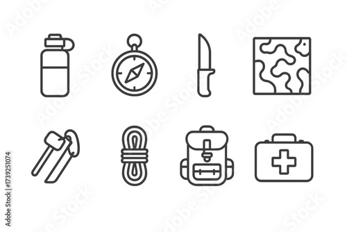 Survival Gear Icon Set. Outline icon set of survival gear: water bottle, compass, knife, camo tarp, fire starter, rope coil, backpack, first aid kit. Line