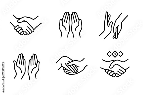 Cultural Hand Icon Set. Outline icon set of cultural handholds: traditional hand hold, religious blessing hands, ceremonial hand hold, dance hand hold, elder