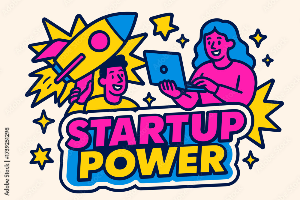 Fototapeta premium Startup Power Explosion. Startup Power banner, flat vector illustration, bold oversized text inside sticker outline, cartoon characters holding rocket and