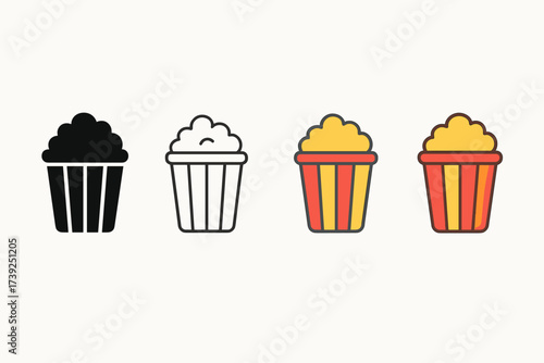 Popcorn Icon Styles. Vector icon popcorn bucket same pose same proportions four styles black solid glyph outline minimal flat multicolor filled cartoon flat