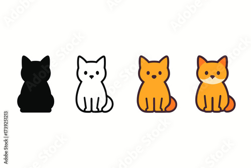 Stylish Cat Icons. Vector icon cat sitting same pose same proportions four styles black solid glyph outline minimal flat multicolor filled cartoon flat shaded.