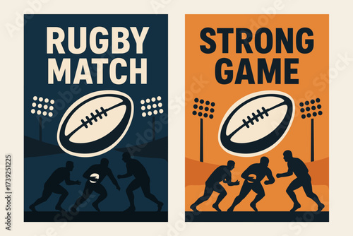 Rugby Match Banners. Two vertical A6 banners, flat vector design, navy and orange backgrounds, rugby ball with players silhouette, stadium lights, first banner