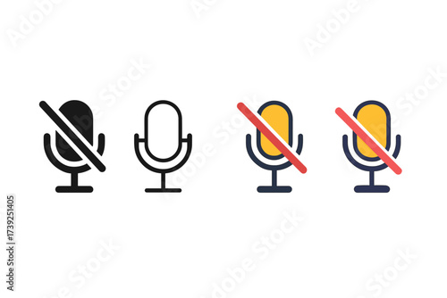 Microphone Mute Icons. Vector icon microphone mute same pose same proportions four styles black solid glyph outline minimal flat multicolor filled cartoon flat