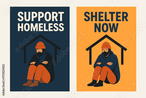 Support Homeless Shelter. Two vertical A6 banners, flat vector design, navy and orange backgrounds, homeless person with shelter symbol, social help theme,