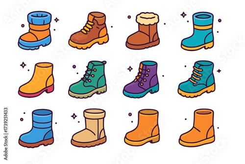 Colorful Winter Boots Icons. Winter boots. Colorful isometric vector icons set of winter boots: snow boots, hiking boots, fur-lined boots, insulated boots,