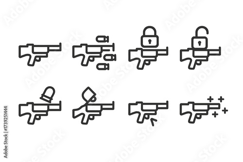 Grenade Launcher Icons. Outline icon set of grenade launcher firing modes: single fire, rapid fire, safety on, safety off, reload, chamber open, trigger pull,