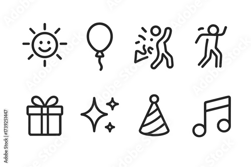 Emotions Icon Set. Outline icon set of joy emotions: sun with smile, balloon, confetti, dancing figure, gift box, sparkling star, party hat, music note. Line