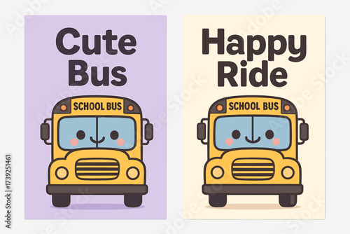 Kawaii School Bus Banners. Two vertical A6 banners, flat vector design, light purple and cream backgrounds, kawaii school bus with smiling face, cute transport