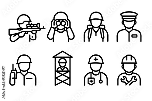 Sniper Crew Icons. Outline icon set of sniper tower crew roles: sniper, spotter, scout, commander, radio operator, lookout, medic, engineer. Line icons in only