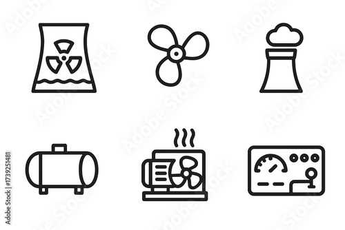 Aircraft Carrier Propulsion Icons. Outline icon set of aircraft carrier propulsion and power: nuclear reactor, propeller, rudder, exhaust stack, fuel tank,