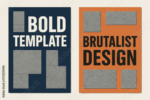 Brutalist Banners Design. Two vertical A6 banners, flat vector design, navy and orange backgrounds, brutalist concrete texture blocks, bold layout, first