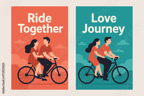 Romantic Bicycle Banners. Two vertical A6 banners, flat vector design, coral and teal backgrounds, couple on bicycle, romantic outing theme, first banner with