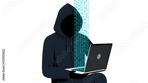 Anonymous hacker in dark hoodie using laptop with binary code stream. Cyber security, data breach, and digital threat illustration.