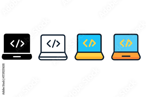 Vector Laptop Icons Set. Vector icon coding laptop same pose same proportions four styles black solid glyph outline minimal flat multicolor filled cartoon flat